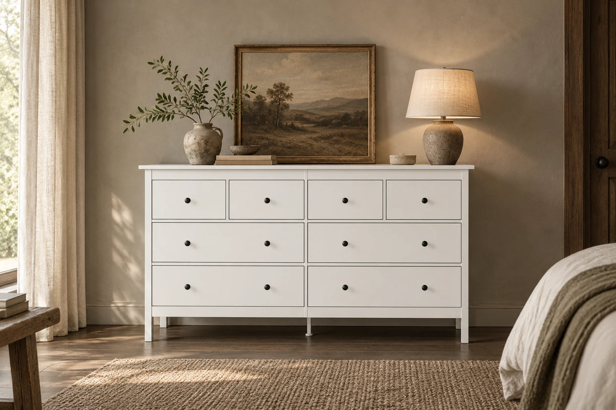 WANAN white eight-drawer dresser in a warm bedroom